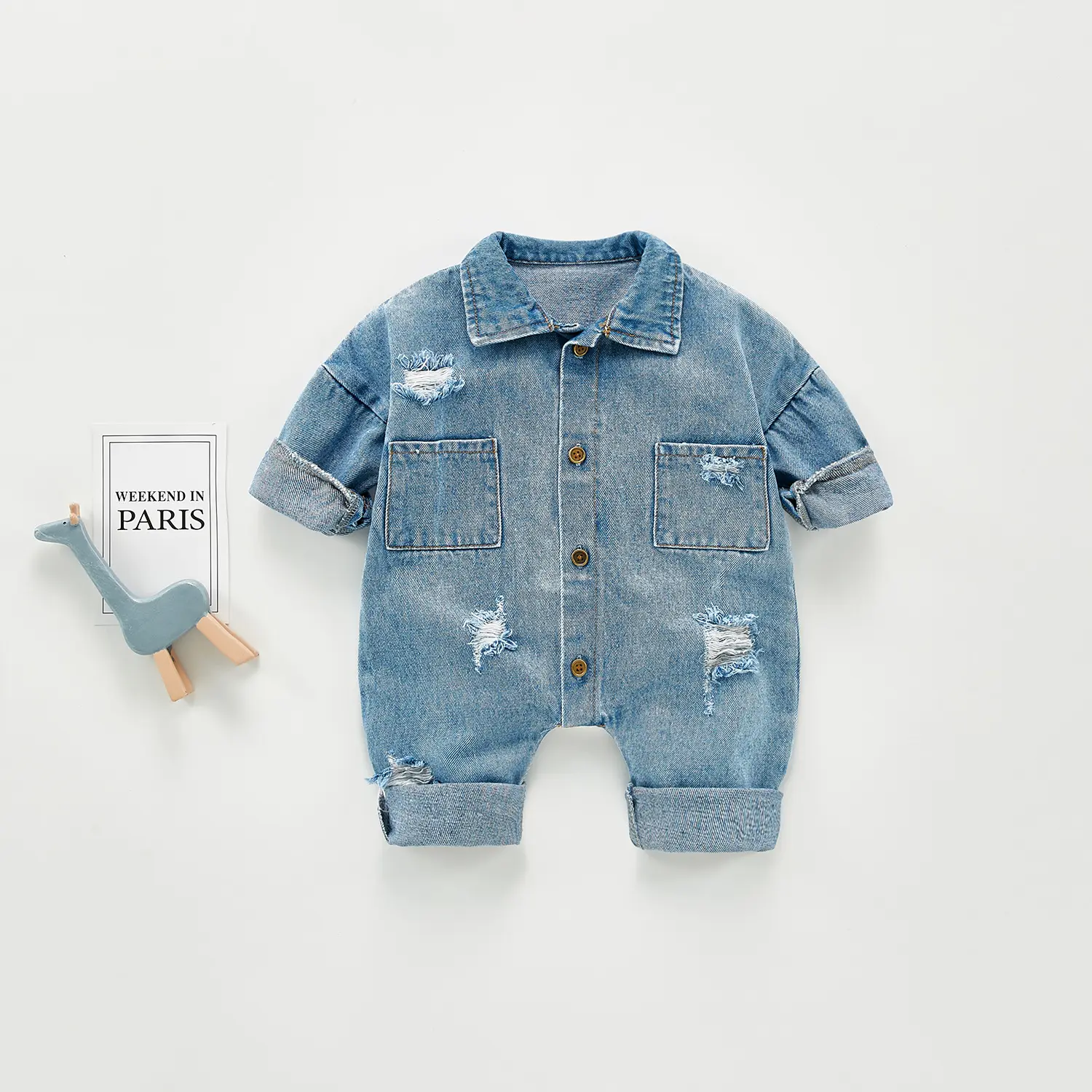 2022 Spring New Baby Rompers Single Breast Baby Boys Clothes Turn Down Collar Toddler Girls Denim Jumpsuit