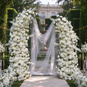 Arche de mariage de luxe en soie blanche avec draperie florale personnalisée pour cérémonie en extérieur et décoration de fête - Product Image 1