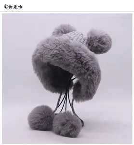 Chapeau oreillette d'extérieur laine tricoté neige ski casquette polaire bombardier trappeur chapeau femmes <span class=keywords><strong>deux</strong></span> fausse fourrure de lapin <span class=keywords><strong>pompon</strong></span> hiver chapeau chaud - Product Image 2