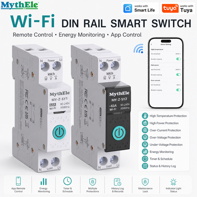 Smart WiFi DIN Rail Breaker 63A Smart Energy Meter Switch with App Control Timer Over/Under Voltage Protection Tuya Compatible