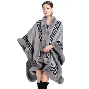 5 Colors Winter Warm Long Printed Striped Poncho Cape Cashmere Loose Shawl Cloak Women Faux Rabbit Fur Collar Big Pendulum Coat
