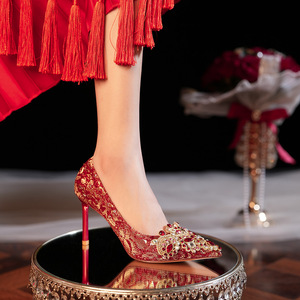 Pointed Toe Satin <b>Pumps</b> With Rhinestones Super High Heel Bridal Wedding Shoes <b>Red</b> - Product Image 1