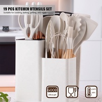Lot de 19 Ustensiles de Cuisine en Silicone avec Manche en Bois et Seau de Rangement Planche à Découper