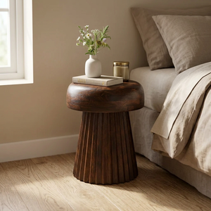 Solid <b>Wooden</b> <b>Bedside</b> End Table Handcrafted Fluted Round Nightstand <b>Lamp</b> Table Dark Brown Accent Furniture for Home Decor - Product Image 3