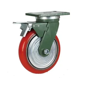 Roda Kastor putar poliuretan inti besi cor, 1 ton 4 ''5'' 6 ''8'' merah tugas berat aplikasi industri dengan rem