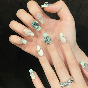 Faux ongles à presser, style français, <span class=keywords><strong>vert</strong></span> sucre de roche, effet œil de chat, grand diamant, ovale moyen - Product Image 1