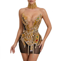 Robe de scène de luxe pour femme, design exclusif, ornée de strass dorés, avec corset en maille noire micro-élastique et armatures, pour spectacle de haute couture