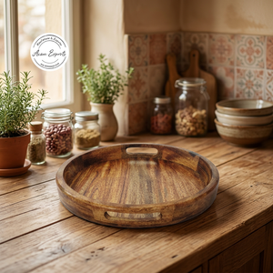 ACME Round Mango Wood Serving Tray Customizable Dining <b>Table</b> with Natural Finish Best Quality Standard Size - Product Image 1