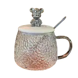 Hot Sales Promotion Hammer Patterned Bear Glass Coffee Cup Mug With Spoon