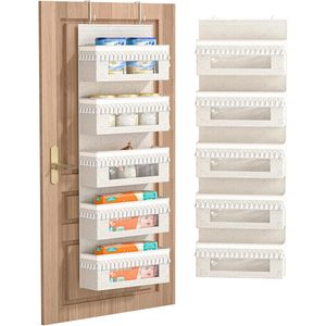 5 Tier Over The Door Organizer <b>Storage</b> <b>Rack</b> With Clear Window Beige Linen Hanging Closet Organizer For Baby Products Toiletries - Product Image 1