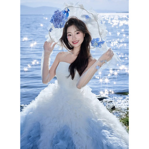 Blue Gradient Strapless Ball Gown Wedding Dress Tulle Natural Waistline For Photography And Travel Shoots - Product Image 4