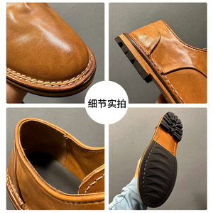 Chaussures Derby en cuir faites à la main pour hommes, en cuir véritable, à lacets, pour le bureau, décontractées, à talon bas, couleur unie marron - Product Image 4