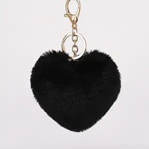 Wholesale Furry Fluffy Love Fur Ball Keychain Peach Heart Plush Bag Pendant Leopard Print Heart Shape Pom Poms Keychains