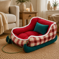 Lit Chien Traîneau Noël Hiver Carreaux Velours Côtelé Polaire Corail Confortable Amovible Lavable Intérieur Petit Chiens Chats
