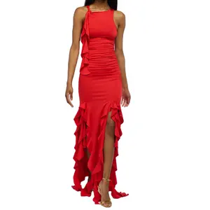 New Trend Women Fashion Custom Sleeveless Fit Flare Red Ruched Midi Dress Elegant Party Bodycon Asymmetrical Ruffle Maxi Dress