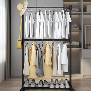 Double Tier Metal <b>Clothing</b> <b>Rack</b> With Wheels <b>Standing</b> Type Wardrobe Storage Holder Minimalist Style - Product Image 4