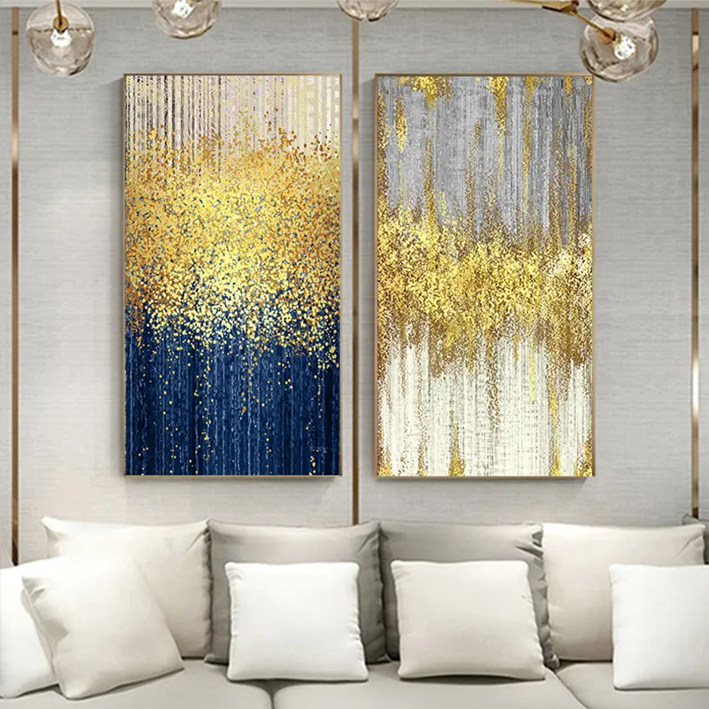 Pintura abstrata de pontos dourados, poster azul verde cinza, impressão, imagem moderna de parede para sala de estar, luxo, enorme arte de parede