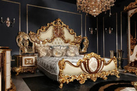 Hand geschnitzte Design-Kunst im antiken Stil Gepolstertes Schlafzimmer Kingsize-Bettmöbel-Set mit Vintage-Kopfteil aus Gold und Weiß