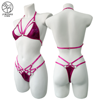 Ensemble de lingerie 2 pièces JINZHU imprimé foil, avec harnais à bretelles et anneau métallique en O, lingerie sexy