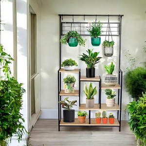 Soporte moderno de metal para flores con ganchos colgantes y estantes de madera para plantas de interior, decoración del hogar - Product Image 3