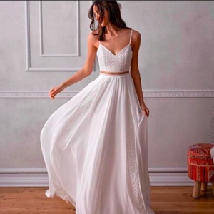 White Spaghetti Strap Lace Wedding Dress A-Line Chiffon Sweetheart Neckline Backless Long Sleeveless Ivory White Pure White - Product Image 1