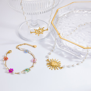 Collar de Perlas de Acero Inoxidable con Colgante de Sol, Gargantilla, Joyería para Fiesta, Chapado en Oro de 18K, Collares de Moda con Colgante - Product Image 1
