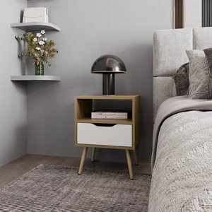 Natural Oak And White Nightstand With <b>Open</b> <b>Storage</b> And Drawer - Product Image 5