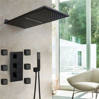 Ensemble de douche mural thermostatique noir encastré en laiton poli avec mitigeur, jets de pluie et de massage SPA, personnalisable ODM, vente en gros