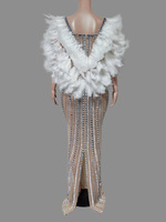Robe longue de luxe en maille scintillante avec manches à plumes, coupe enveloppante, pour hôte de réunion annuelle, défilé sur le tapis rouge et costumes de performance