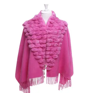 Wholesale Women 100% Wool Poncho Solid Color Fur Shawl with Rabbit Fur Ball