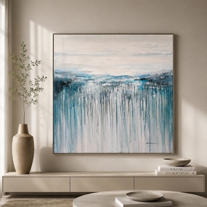 Dipinti Murali Astratti Dipinti a Mano con Texture Colorata, Opera d'Arte <span class=keywords><strong>Bianca</strong></span> e Blu con Cornice in <span class=keywords><strong>Legno</strong></span> - Product Image 2