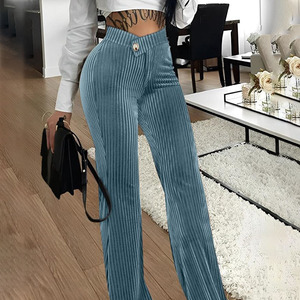 <span class=keywords><strong>Pantalon</strong></span> élégant pour <span class=keywords><strong>femme</strong></span> en <span class=keywords><strong>velours</strong></span> côtelé, taille haute, coupe droite, avec cordon de serrage superposé, idéal pour le bureau - Product Image 3