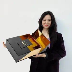 Caja de regalo con cierre magnético de cartón rígido de papel negro de lujo, venta al por mayor de fábrica con logotipo personalizado