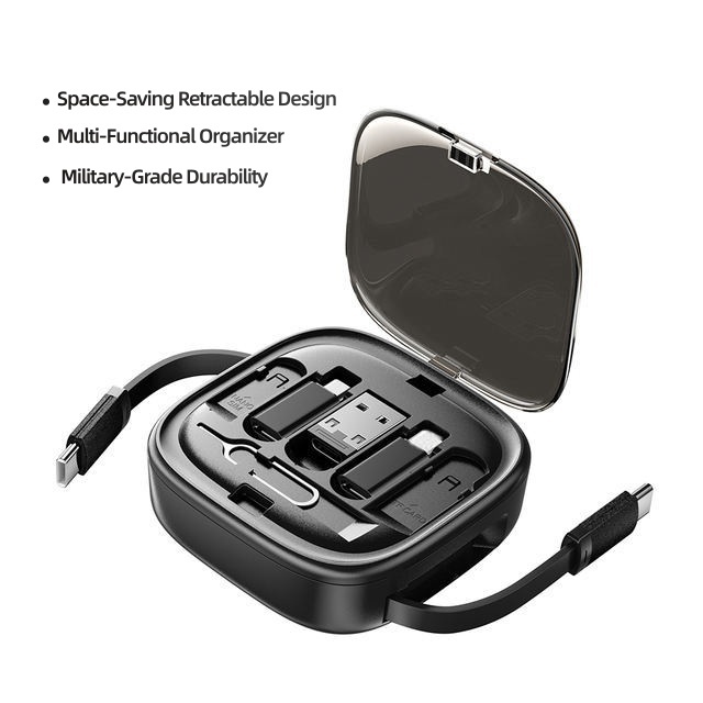 Durable 60W PD Fast Charging Cable 6-in-1 Type C Cable Fast Charging Retractable Kits with Phone Stand and Card Slots for Travel