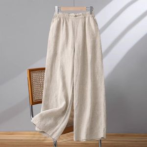 Cotton Linen Wide Leg Pants Women Elastic Waist Loose Fit Breathable Casual Pants Earth Golden Color - Product Image 1