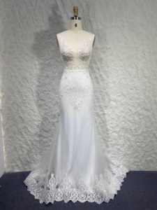 Robe <span class=keywords><strong>de</strong></span> soirée sirène personnalisée en dentelle, col en V profond, ornée <span class=keywords><strong>de</strong></span> strass et <span class=keywords><strong>de</strong></span> perles, en tulle, avec dos ajustable à lacets pour <span class=keywords><strong>mariage</strong></span> - Product Image 4