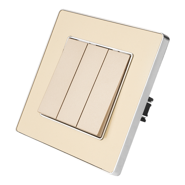 MVAVA Factory Europe 3 Gang 1 Way Gold 10A CE Certified Acrylic Push Button Wall Electrical Light Switch Cover Plate