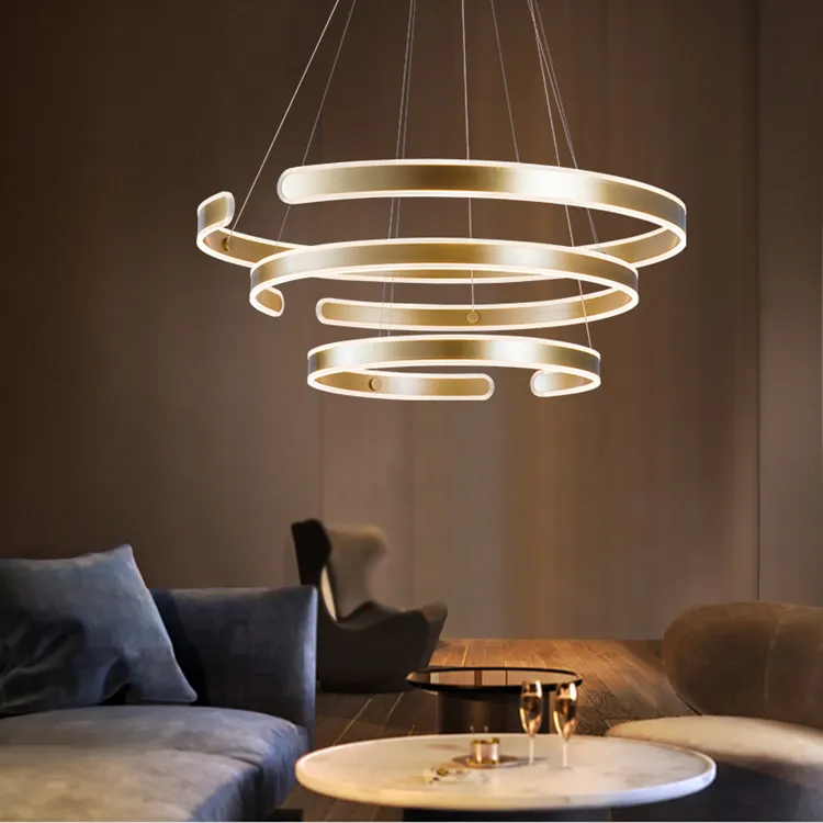 Modern Golden Aluminum Alloy Luminous Acrylic Light Strip Multilayer Combined Ring LED Hotel Livingroom Chandelier Pendant Light