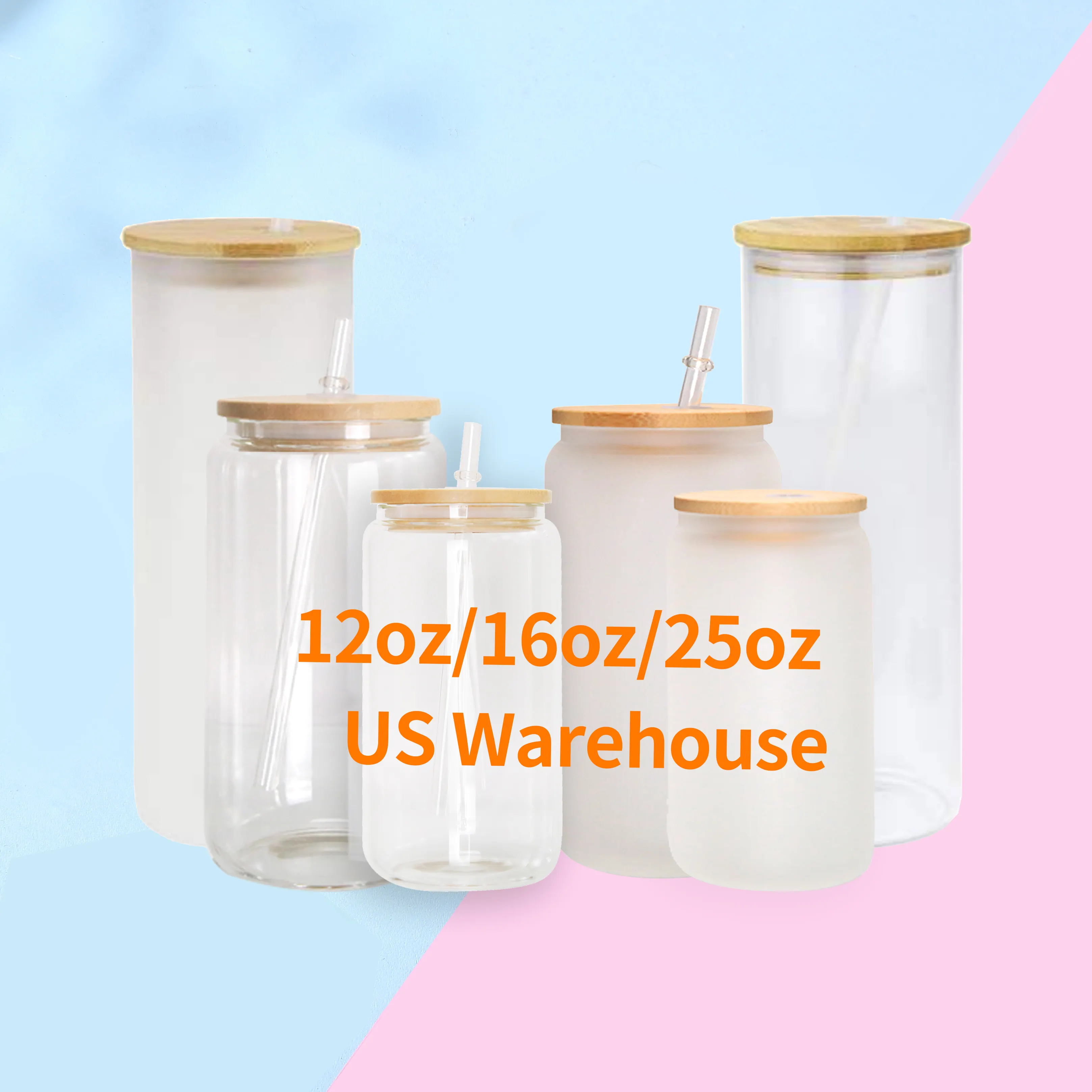 US warehouse sublimation glass cup 12oz 16oz iced coffee soda shaped coke glass sublimation jar with bamboo lid