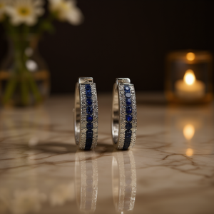 Orecchini a Cerchio Classici da Donna con Zaffiro Taglio Brillante Rotondo, Montatura a Canale in Lega, Gioielli alla Moda per Feste - Product Image 2