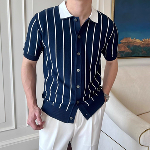 Men's Knit Striped Polo Collar Neck <strong>Shirt</strong> Sweater Striped Short-sleeved Polos Knitted Button up Knitted <strong>Shirt</strong> for Men - Product Image 3
