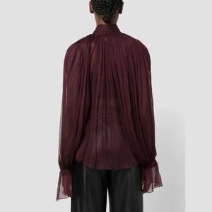 <span class=keywords><strong>Chemise</strong></span> plissée à manches longues de couleur unie rétro pour femmes pour l'automne Vêtements décontractés amples avec <span class=keywords><strong>col</strong></span> à volants Tissu respirant tissé - Product Image 2