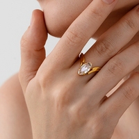 Bague empilable double couche en acier inoxydable plaqué or 18 carats avec zircon cubique marquise ondulé, tendance INS, pour femme