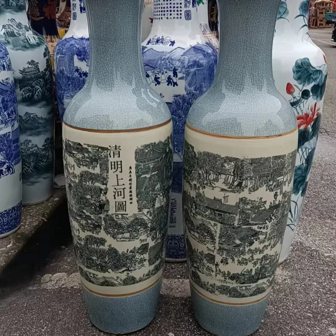 Chinese Traditionele Antieke Blauwe En Witte Zeer Grote Vloer Keramische Hoge Vaas Voor Woondecoratie Met Beroemde Foto