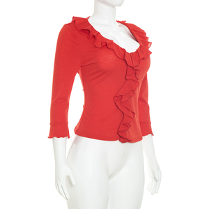 Camiseta Viviblook J26TP308 para Mujer, Top Casual de Otoño, Nuevo Color Sólido, Cuello en V con Volantes, Corte Ajustado, Top Corto para Damas - Product Image 3