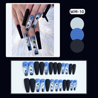 Faux ongles à presser Halloween Sorcière et Fantôme, extra longs, forme cercueil, avec motifs maison hantée effrayante noir mat et bleu, en acrylique