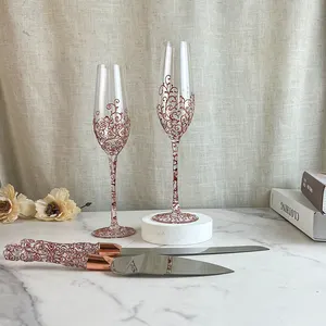 صناعة يدوية 200 مل من الكريستال واللوحات الذهبية الوردية لأكواب الشمبانيا، مجموعة الزهور لحفلات الزفاف مع مجرفة سكين الكيك