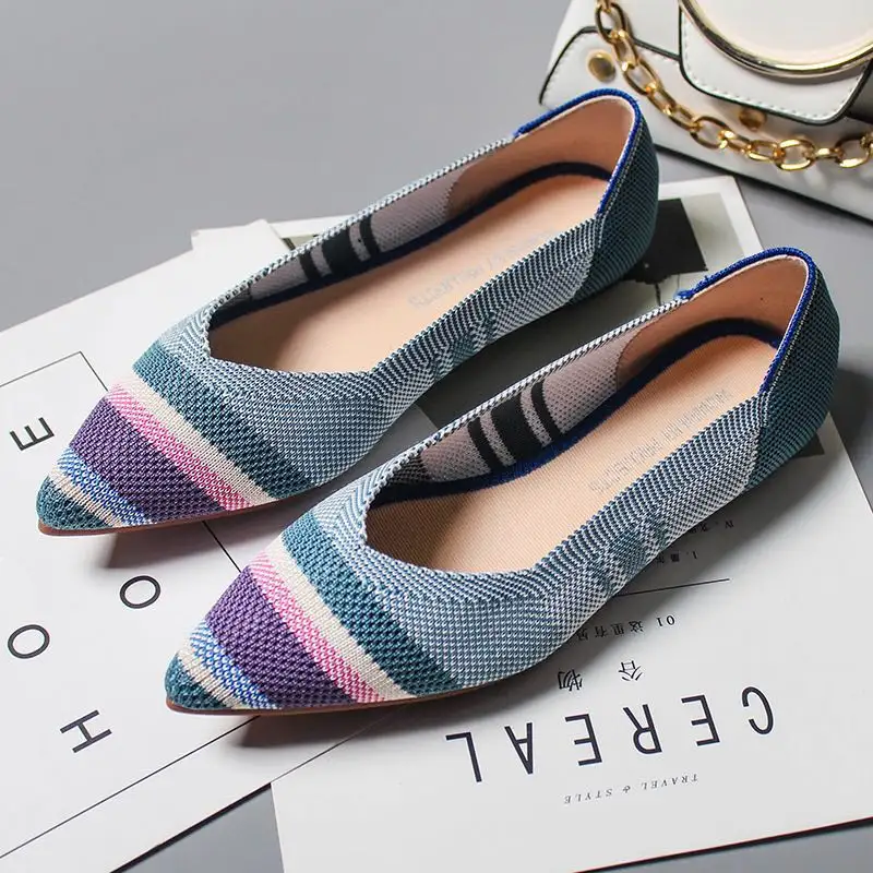 cusp toe fly weave knitted upper slip on lady flats loafer fashion woman flat shoes