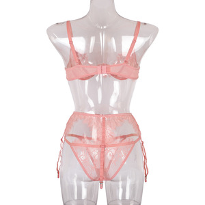 Lingerie erotica Intimates Bra set Lingerie trasparente ciglia di <span class=keywords><strong>pizzo</strong></span> rosa Lingerie a tre pezzi