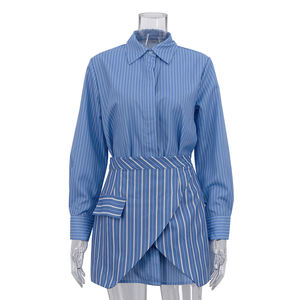 Set Estivo-Autunnale 2025 alla Moda, Nuovo Trend, Completo Due Pezzi Blu a Righe con Minigonna Avvolgente e Camicia per <span class=keywords><strong>Donna</strong></span> - Product Image 3